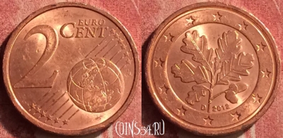 Германия 2 евроцента 2012 года D, KM# 208, 374n-084