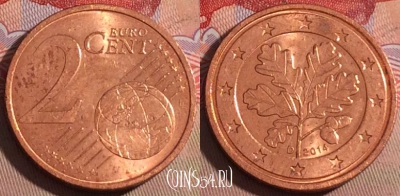 Германия 2 евроцента 2014 года D, KM# 208, 215a-114