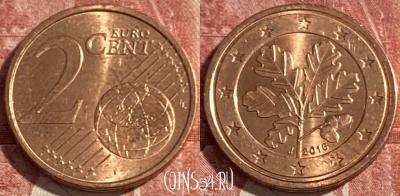 Германия 2 евроцента 2016 года J, KM# 208, 425r-104