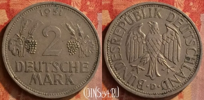 Германия 2 марки 1951 D, редкая, KM# 111, 162o-094