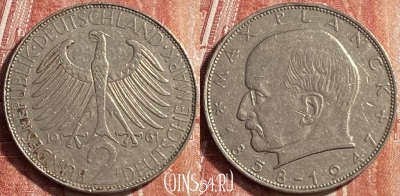 Германия 2 марки 1961 года J, KM# 116, 451o-127