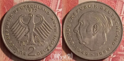 Германия 2 марки 1977 года F, KM# A127, 455o-002