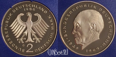 Германия 2 марки 1986 года G, KM# 124, PROOF, 401o-036