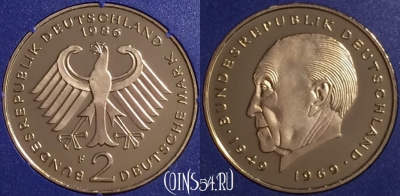Германия 2 марки 1986 года F, KM# 124, PROOF, 401o-094