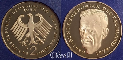 Германия 2 марки 1986 года G, KM# 149, PROOF, 401o-038