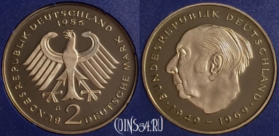 Германия 2 марки 1986 года G, KM# A127, PROOF, 401o-037