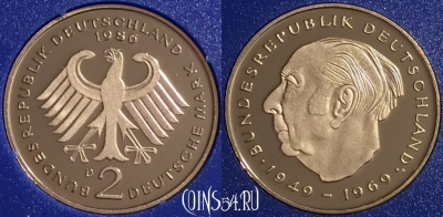 Германия 2 марки 1986 года D, KM# A127, PROOF, 401o-085