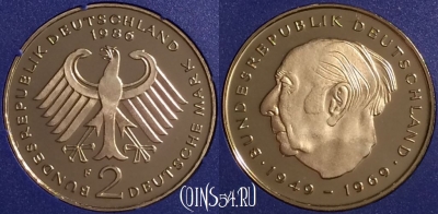 Германия 2 марки 1986 года F, KM# A127, PROOF, 401o-095