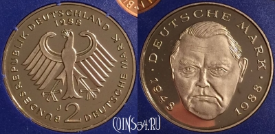 Германия 2 марки 1988 года J, KM# 170, PROOF, 401o-125