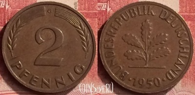 Германия 2 пфеннига 1950 года G, KM# 106, 281m-137