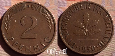 Германия 2 пфеннига 1950 года G, KM# 106, 329g-107