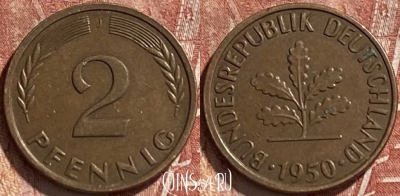 Германия 2 пфеннига 1950 J, KM# 106, 463r-515