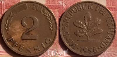 Германия 2 пфеннига 1958 года D, KM# 106, 092m-049