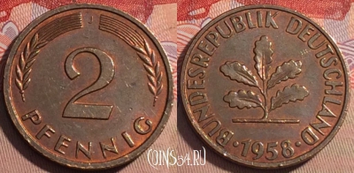 Германия 2 пфеннига 1958 года J, KM# 106, 217a-135