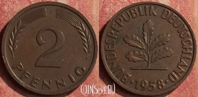 Германия 2 пфеннига 1958 года J, KM# 106, 427-026