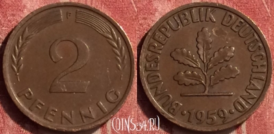 Германия 2 пфеннига 1959 года F, KM# 106, 407-118