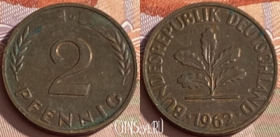 Германия 2 пфеннига 1962 G, KM# 106, 367p-119