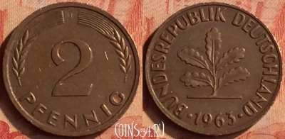 Германия 2 пфеннига 1963 года J, KM# 106, 048n-098