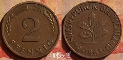 Германия 2 пфеннига 1963 года J, KM# 106, 315n-051