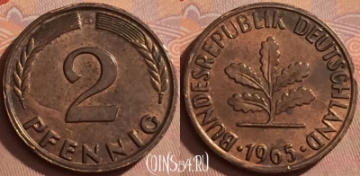 Германия 2 пфеннига 1965 года D, KM# 106, 376k-074