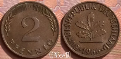 Германия 2 пфеннига 1966 года D, KM# 106, 057l-023
