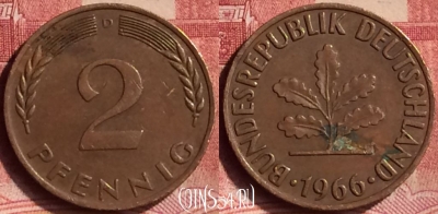 Германия 2 пфеннига 1966 года D, KM# 106, 078m-087