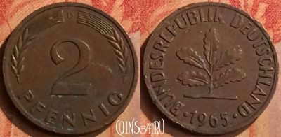 Германия 2 пфеннига 1965 D, KM# 106, 106n-093