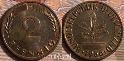 Германия 2 пфеннига 1966 D, KM# 106, 133s-080