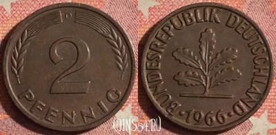 Германия 2 пфеннига 1966 года D, KM# 106, 372-141