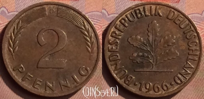 Германия 2 пфеннига 1966 года D, KM# 106, 412-133