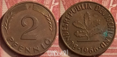 Германия 2 пфеннига 1966 года F, KM# 106, 059n-037