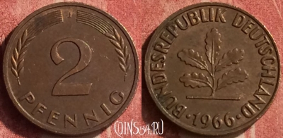 Германия 2 пфеннига 1966 года J, KM# 106, 376n-058