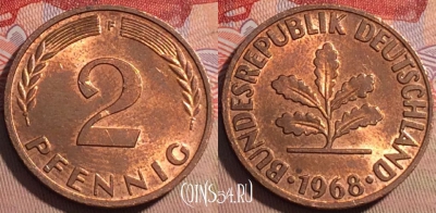 Германия 2 пфеннига 1968 года F, KM# 106a, 217a-133