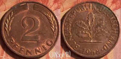 Германия 2 пфеннига 1968 года G, KM# 106a, 094o-126