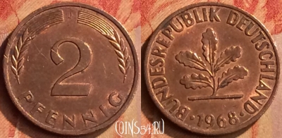 Германия 2 пфеннига 1968 года J, KM# 106a, 097n-039