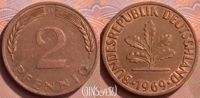 Германия 2 пфеннига 1969 года D, KM# 106a, 056l-077