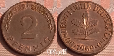 Германия 2 пфеннига 1969 года D, KM# 106a, 314o-078