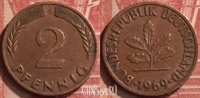 Германия 2 пфеннига 1969 G, KM# 106a, 055n-045