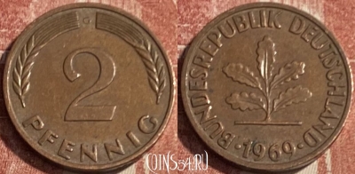Германия 2 пфеннига 1969 G, KM# 106a, 081s-134