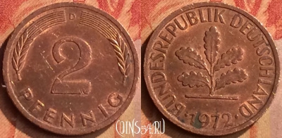 Германия 2 пфеннига 1972 года D, KM# 106a, 091n-012