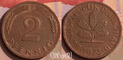 Германия 2 пфеннига 1973 года D, KM# 106a, 447-125
