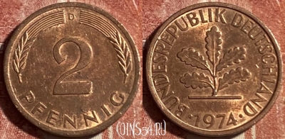 Германия 2 пфеннига 1974 D, KM# 106a, 491р-060