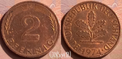 Германия 2 пфеннига 1974 года J, KM# 106a, 218n-125