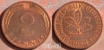Германия 2 пфеннига 1975 года F, KM# 106a, 312o-089