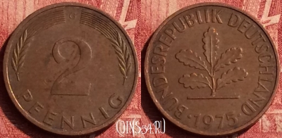 Германия 2 пфеннига 1975 года G, KM# 106a, 351o-096