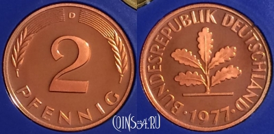 Германия 2 пфеннига 1977 D, KM# 106a, PROOF, 401o-002