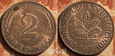 Германия 2 пфеннига 1978 D, KM# 106a, 289s-034