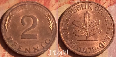 Германия 2 пфеннига 1978 года J, KM# 106a, 103o-125