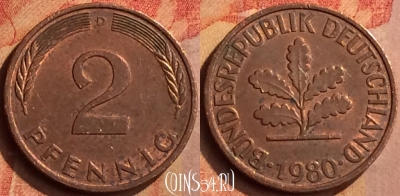 Германия 2 пфеннига 1980 года D, KM# 106a, 133n-135