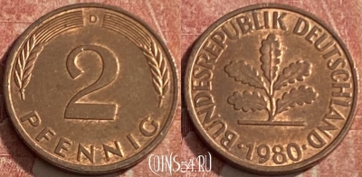 Германия 2 пфеннига 1980 D, KM# 106a, 241q-106